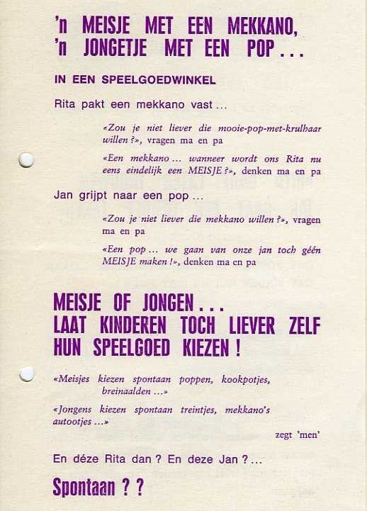 Brochure tegen stereotiep speelgoed, vermoedelijk van het VOK, z.d. (collectie AVG-Carhif)