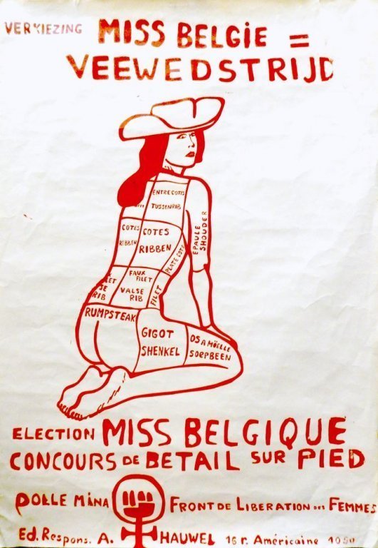 Affiche van Dolle Mina en Front de Liberation des Femmes tegen de verkiezing van Miss België, 1971 (collectie AVG-Carhif)